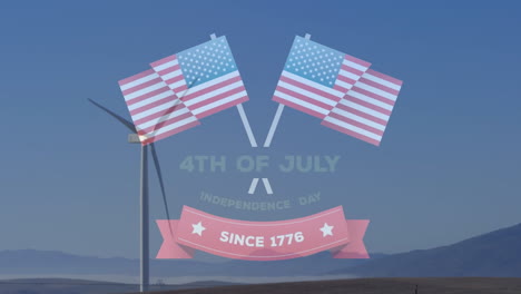 animation of 4th july over flags of usa and wind turbine