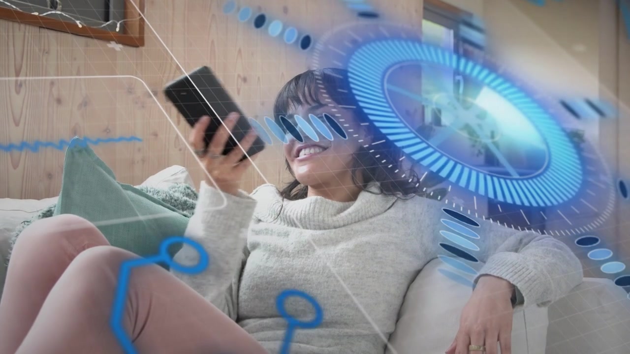 Woman lifting phone and speaking, causing blue HUD graphics to expand while scrolling tech content