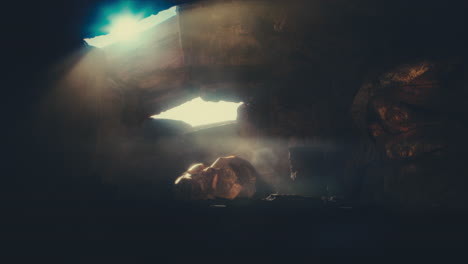a head of the giant ancient deity statue hidden in a cave