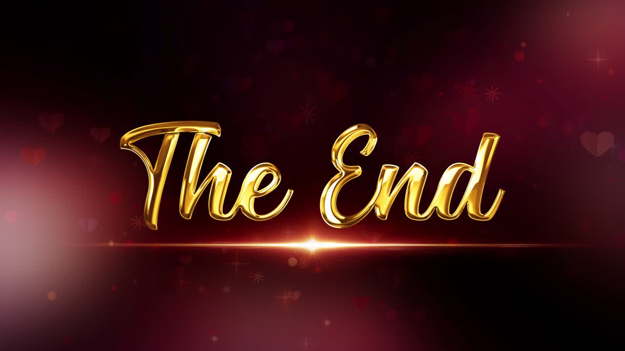 The end golden text with beautiful flare light glowing and heart star flake particles flow effect. 4K 3D rendering seamless loop Video cover The End for your title trailer for ending movies.
