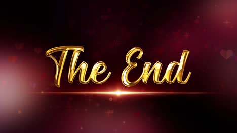 the end golden text with beautiful flare light glowing and heart star flake particles flow effect. 4k 3d rendering seamless loop video cover the end for your title trailer for ending movies.