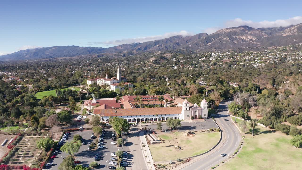 High panning aerial shot of the historic Mission Santa Barbara in Santa Barbara, California. 4K