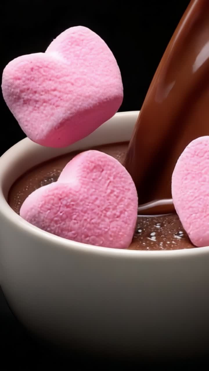 Esperienza di Cioccolato Indulgente: Cioccolato Liquido Cremoso Versato in una Tazza Circondato da Marshmallow a Forma di Cuore e un'Emoji Sognante di Amore e Delizia