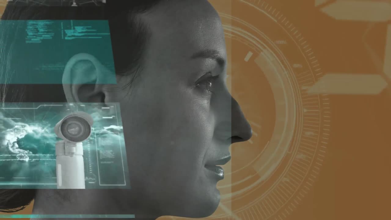 animación de pantallas y red de conexiones sobre el rostro de la mujer