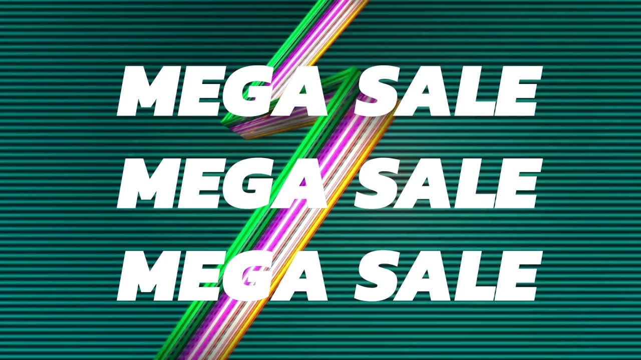 초록색 선에 색 ⁇ 이 있는 줄무 ⁇  위에 다채로운 왜곡을 가진  ⁇ 색 텍스트로 메가 세일의 애니메이션