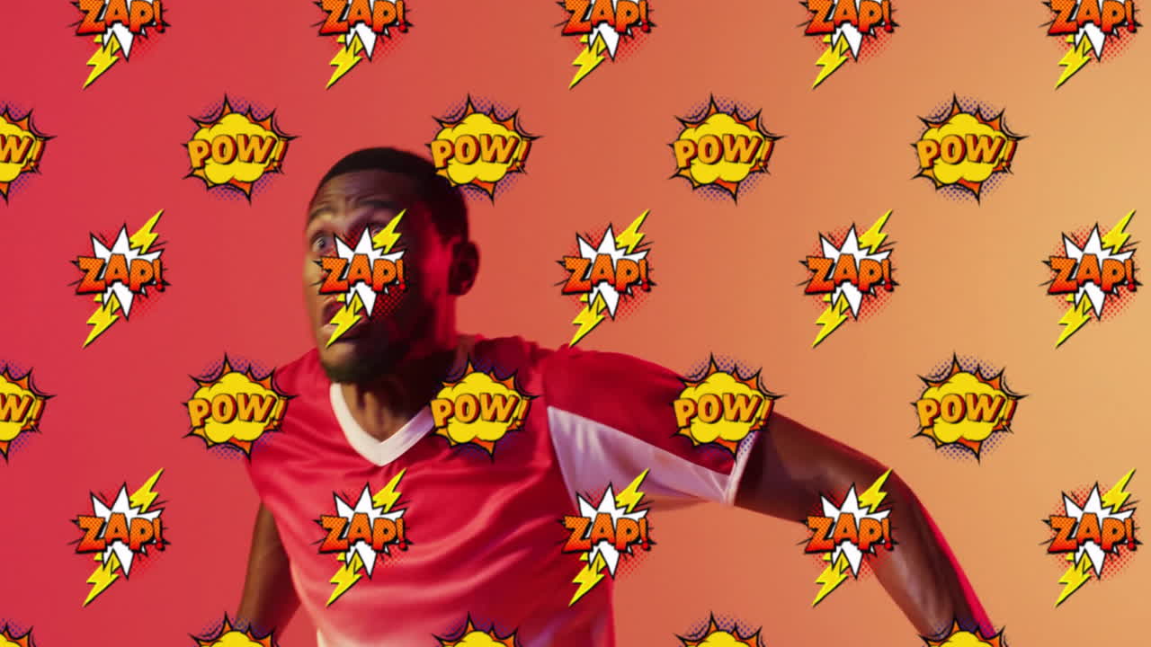 Athlete in red jersey with comic-style Zap and Pow text animations