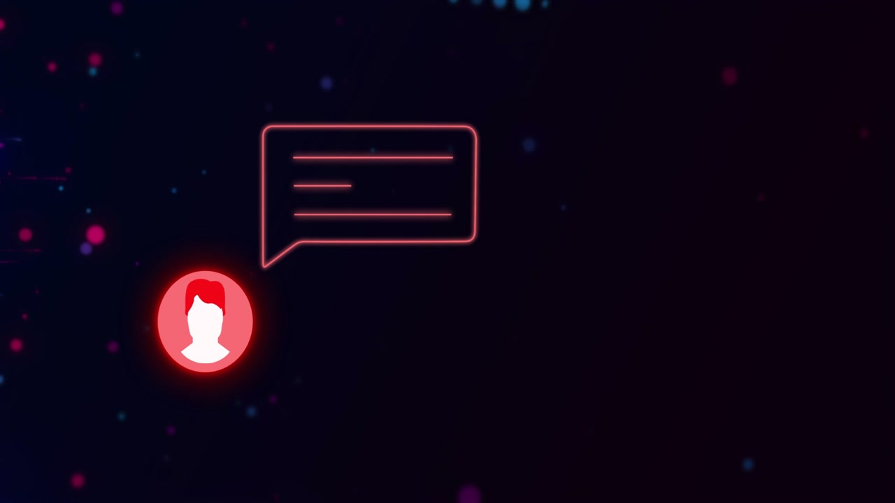 On scene start red avatar, neon chat bubble rotating, halo pulsing, dots flowing to show message