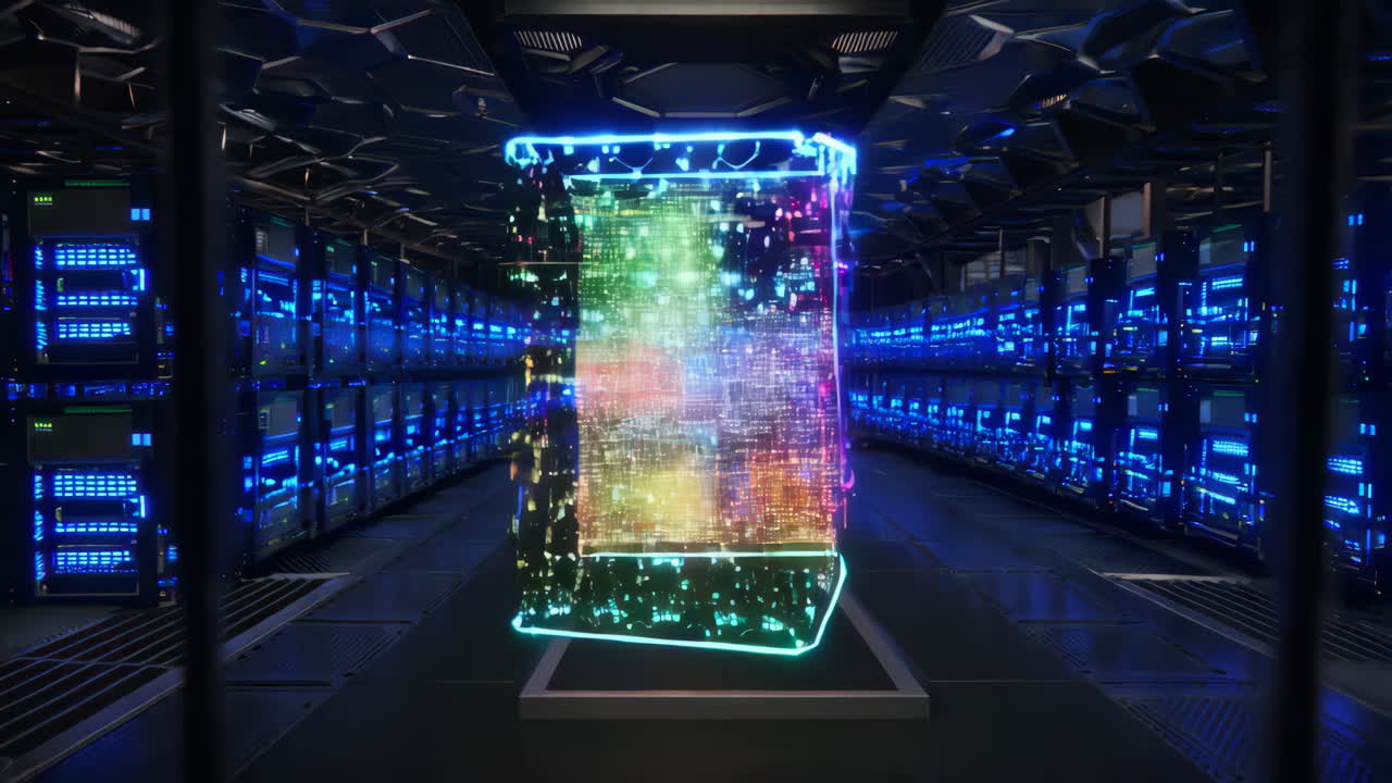 Futuristic Data Center with Glowing Hologram