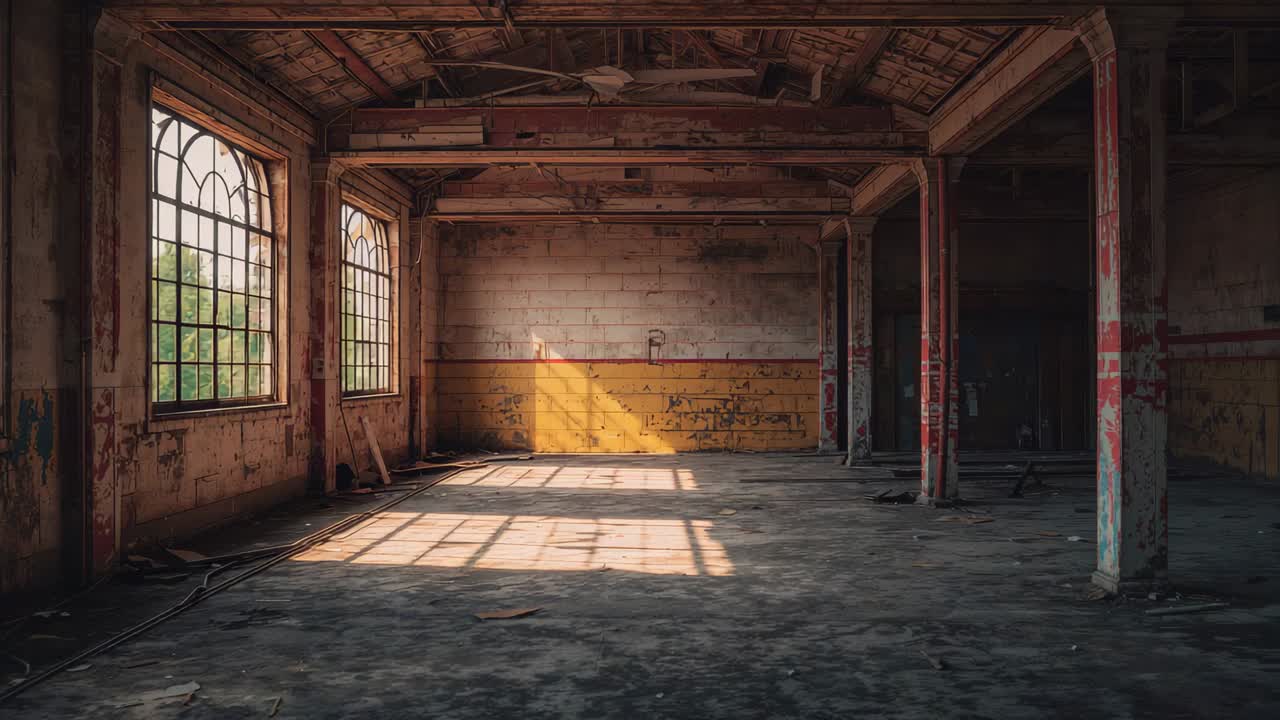 Streaming sunlight shifting through arched windows in abandoned loft, highlighting support columns