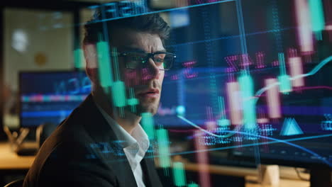 gerente de inversiones comprobando los datos del mercado de valores en el holograma de ventas. agente ocupado trabajando