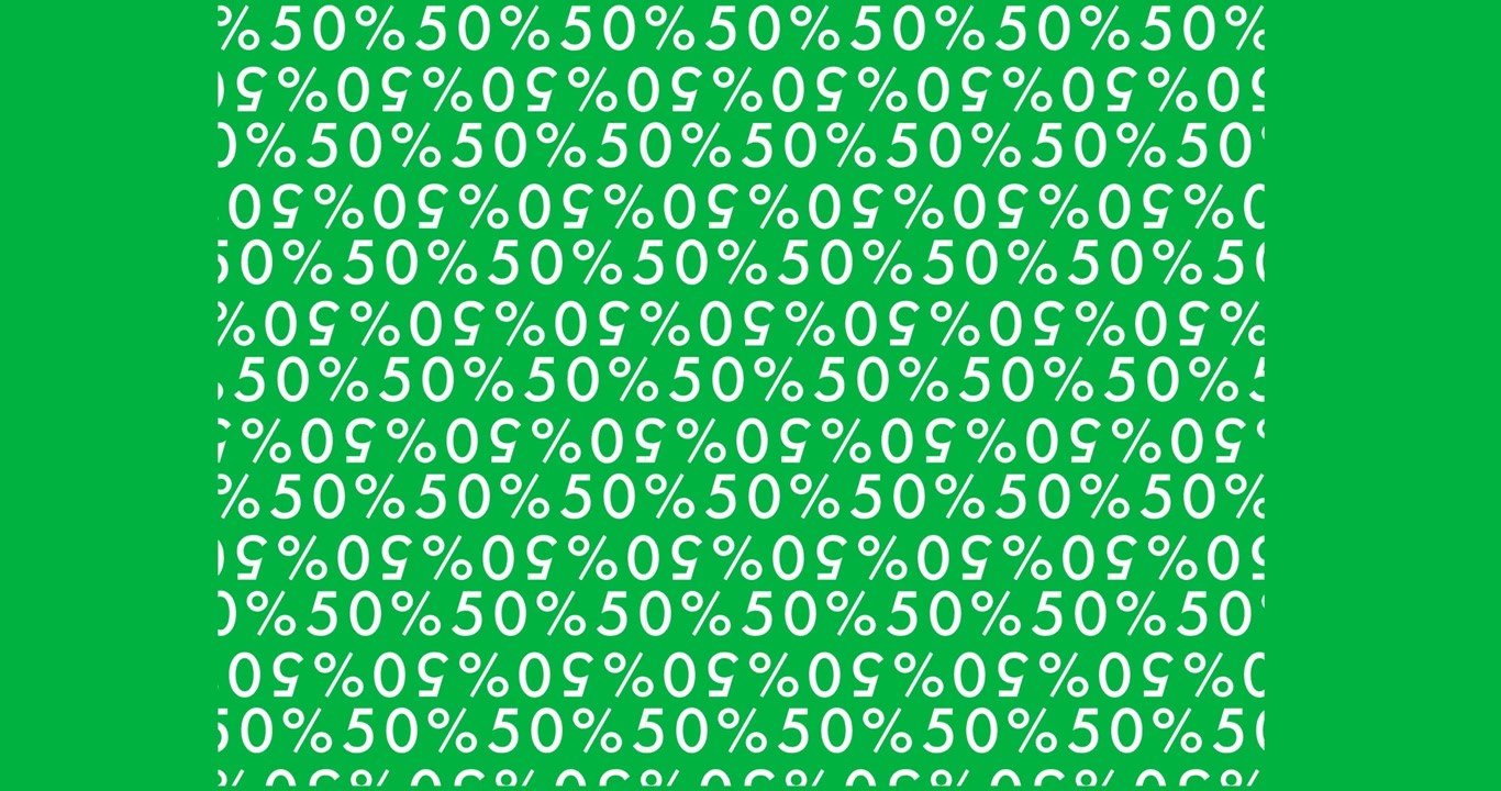 Digital animation af flere 50 procents tekst mod sort baggrund