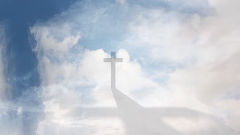 animation of silhouette of christian cross casting shadow over clouds moving