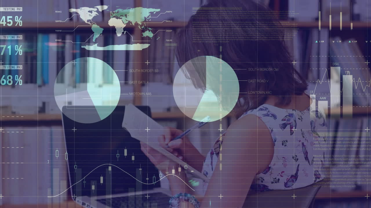 카우카스 여성 학생에 대한 금융 데이터 처리의 애니메이션