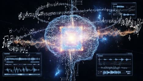 visualizing the harmony of sound and neural connections: an abstract representation of a brain with music waves and data patterns in a cosmic setting