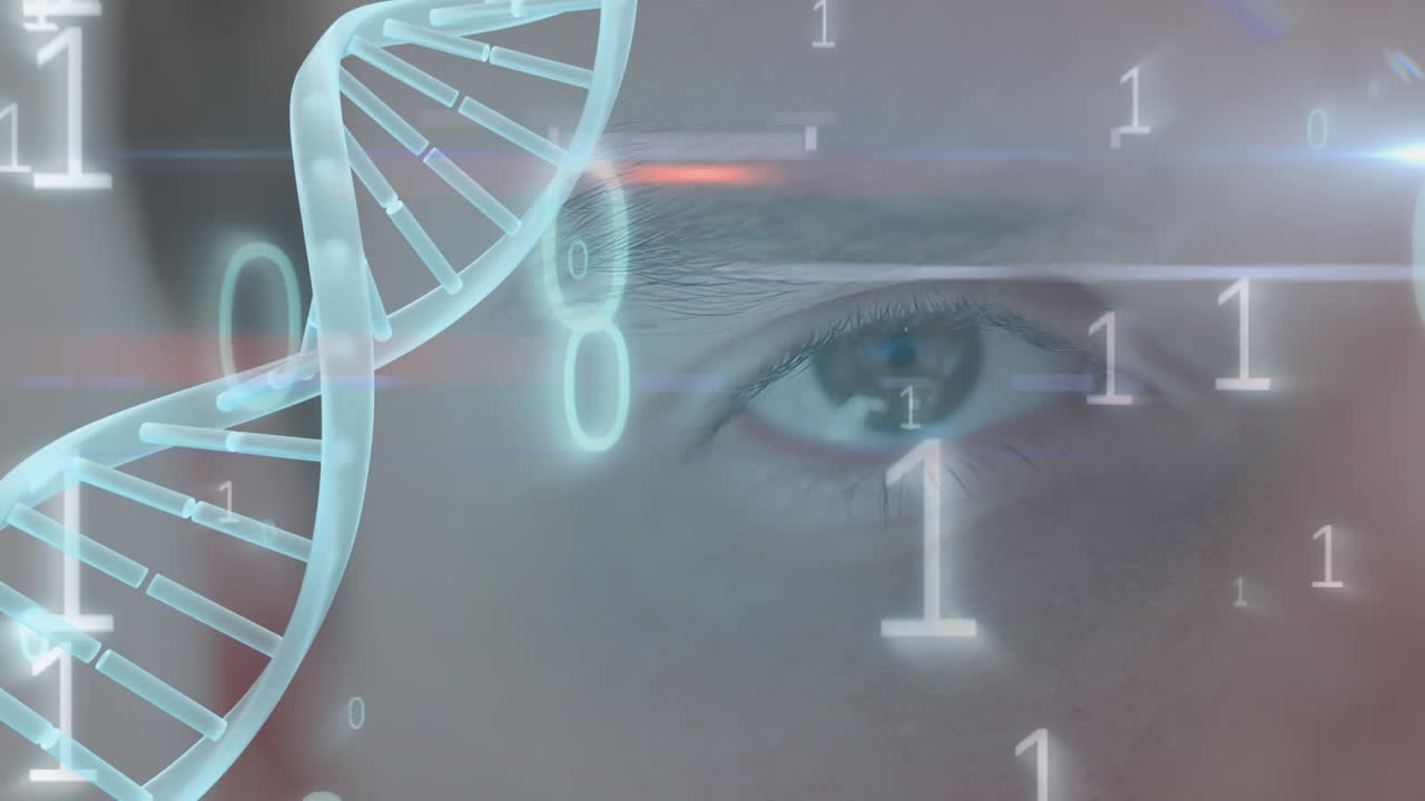 animación de mancha de luz azul, estructura de adn giratoria y codificación binaria en un primer plano de un ojo masculino