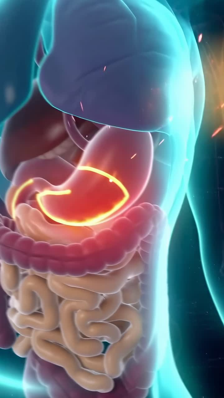 Un fotogramma di un video del sistema digerente umano, organi luminosi, vista frontale, illustrazione medica
