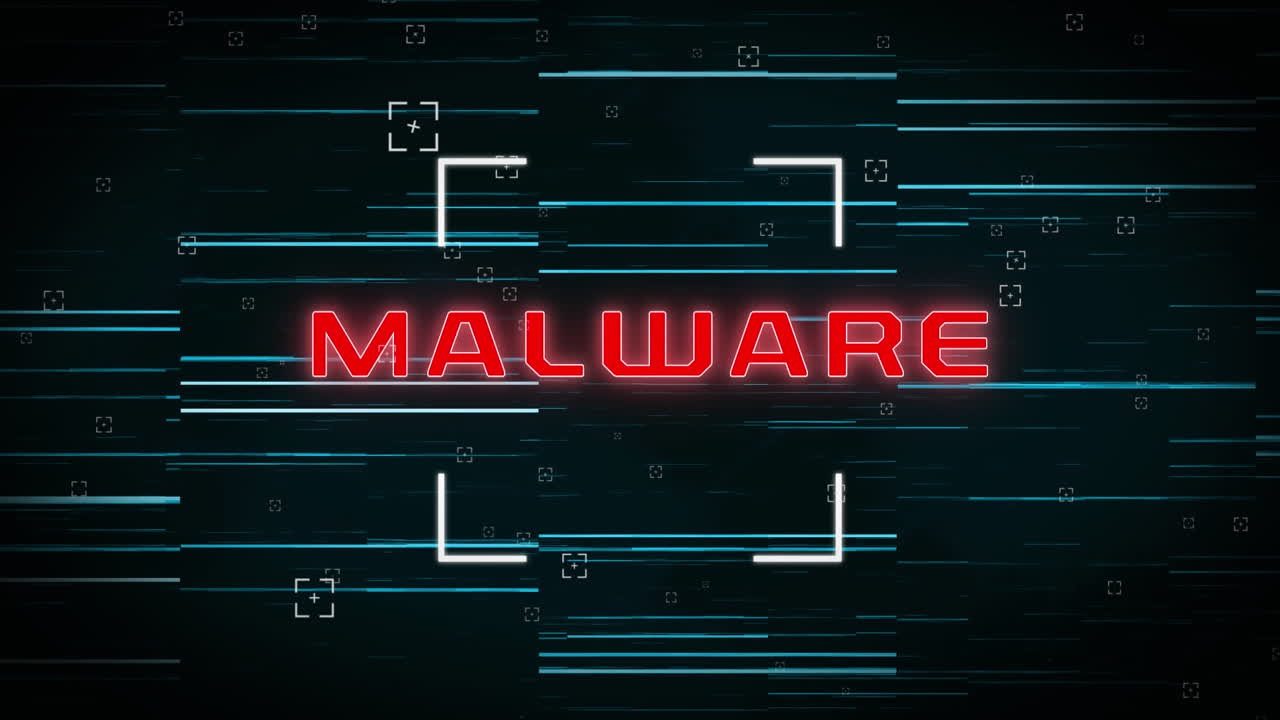 animación de texto rojo, malware, en alcance, con líneas azules y blancas moviéndose en negro