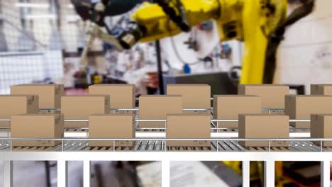 Animation-of-cardboard-boxes-on-conveyor-belts-in-warehouse