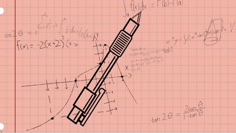 Animation-of-mathematical-equations-and-pen-icon-against-square-lined-paper-background