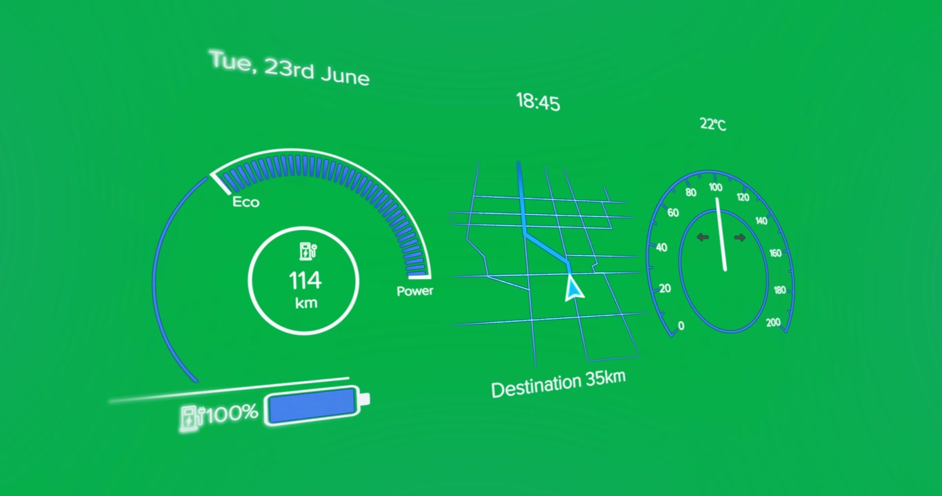 Animation of interface with speedometer and power and energy icons on blue background