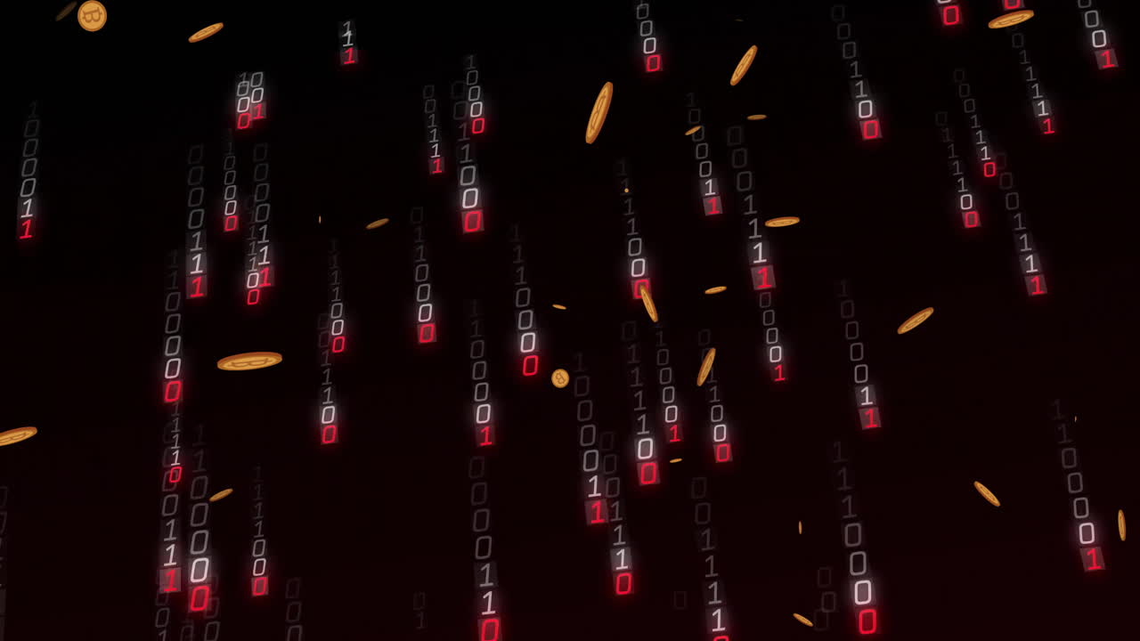 animación de bicoins, codificación binaria y procesamiento de datos financieros