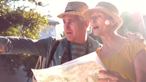 couple de seniors regardant la carte et pointant