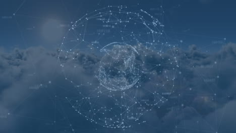 animation of globe of network of connections spinning over clouds in the sky