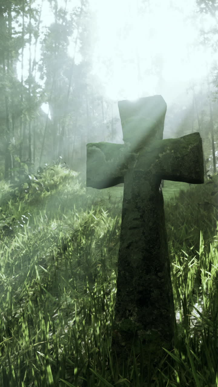 cruz de piedra en un bosque de niebla