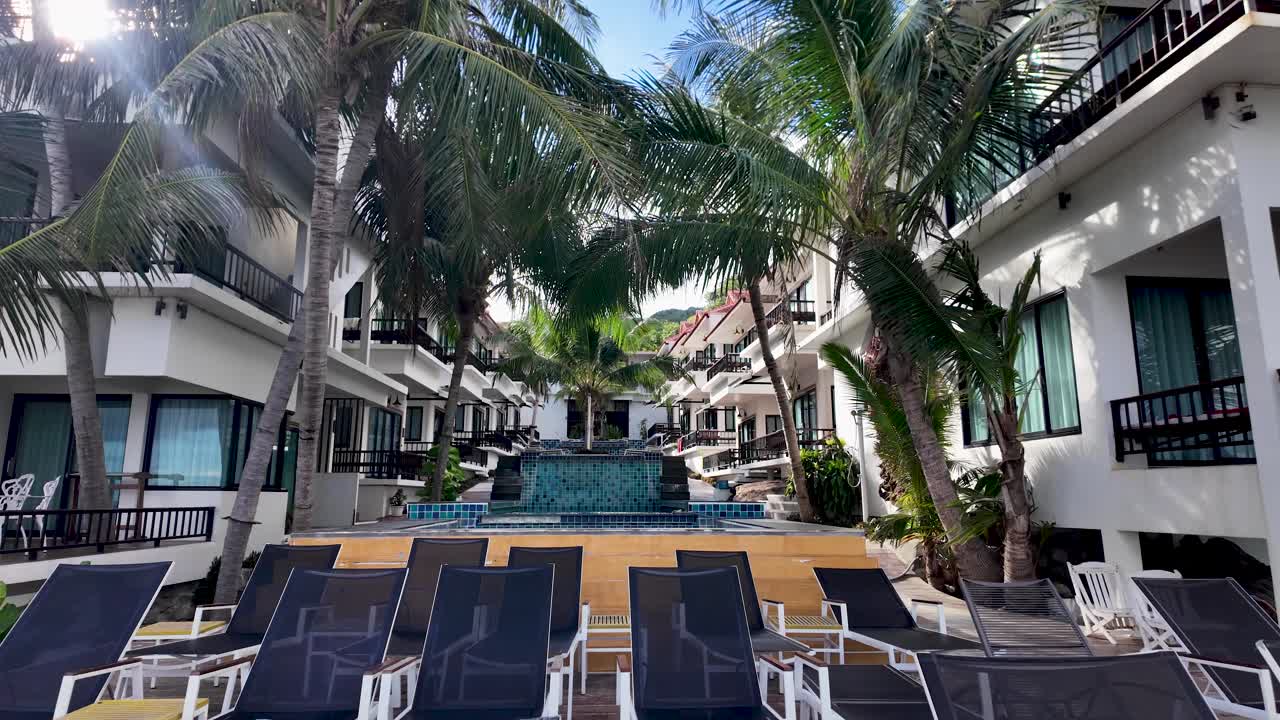 Tropical hotel resort featuring empty sunbeds, lush palm trees, and a sunny atmosphere perfect for relaxation.