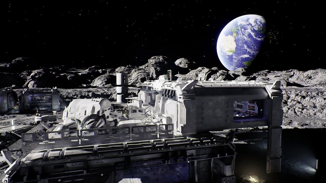 Nightbird habitat on moon featuring gentle lighting and view of stars