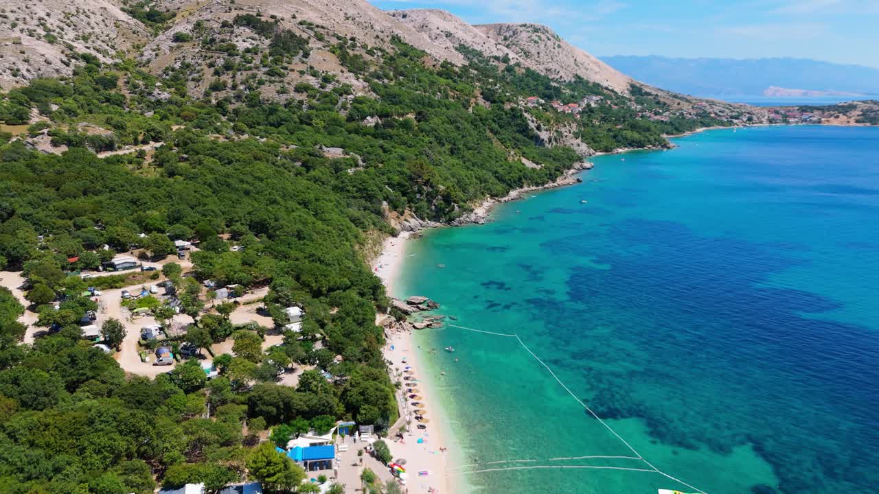 Campsite at Campig Skrila, Krk Island, Stara Baska Croatia, Aerial View of the Mountains and Coast With Boats, Beaches and Adriatic Sea. The Seaside Rv Campmobiles on a Summer Beautiful Coastline