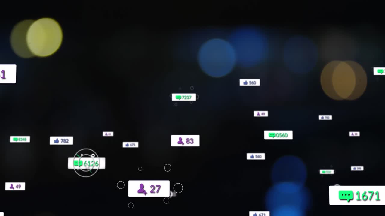 소셜 미디어 아이콘과 숫자의 애니메이션 초점이 맞지 않는  ⁇ 박이는 불빛