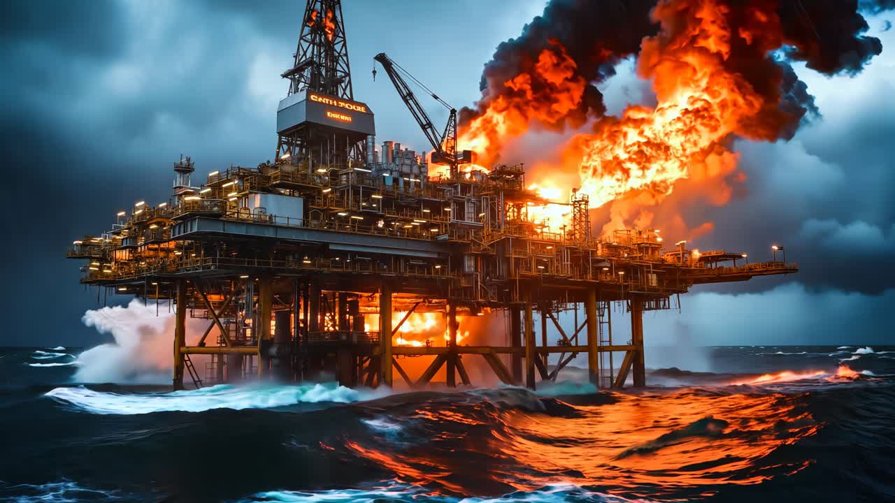 En boreplatform midt ude på havet med en stor brand, der kommer ud af den