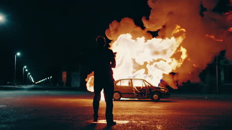 man witnessing a car fire at night