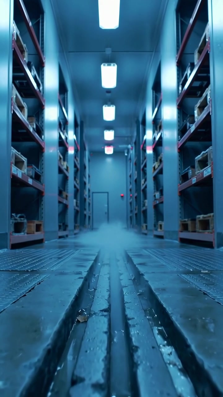 Vertical video: Appearing from far door, low mist advancing along mid grate aisle