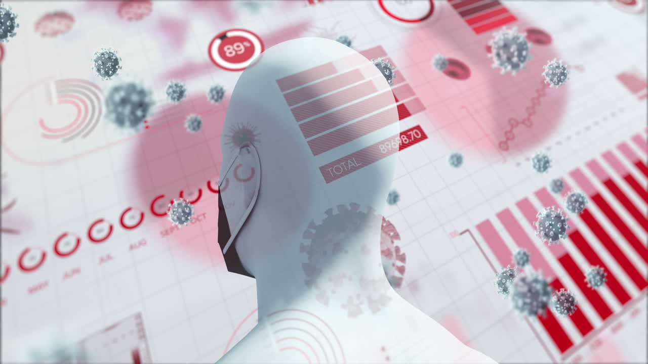 그리고 코로나바이러스 박테리아가 마스크를 쓰고 남자의 머리 위를 날고 있습니다.