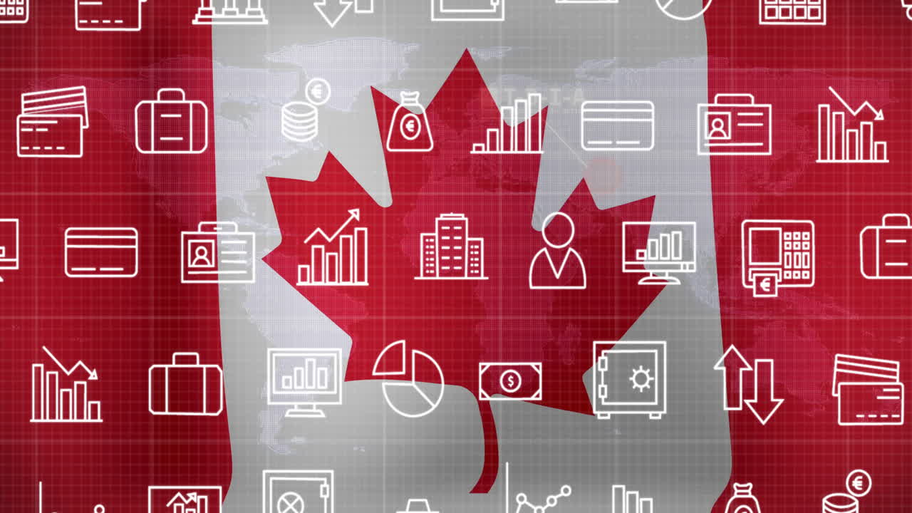 bandera canadiense con iconos financieros y comerciales animación sobre el mapa del mundo