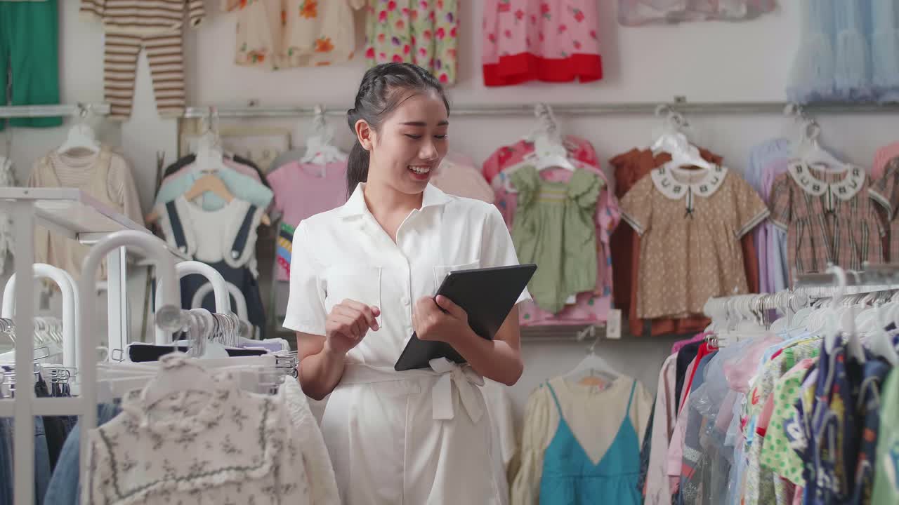 la dueña asiática de una tienda de ropa para niños disfruta usando una tableta digital mientras camina comprobando las existencias en los rieles