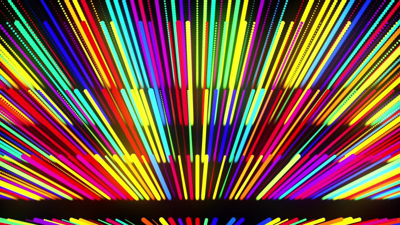 VJ loop festivo con particelle multicolori e telecamera animata fluida. Sfondo loop 3D astratto con particelle luminose allineate in fila lungo linee nello spazio 3D. Sfondo di motion design.