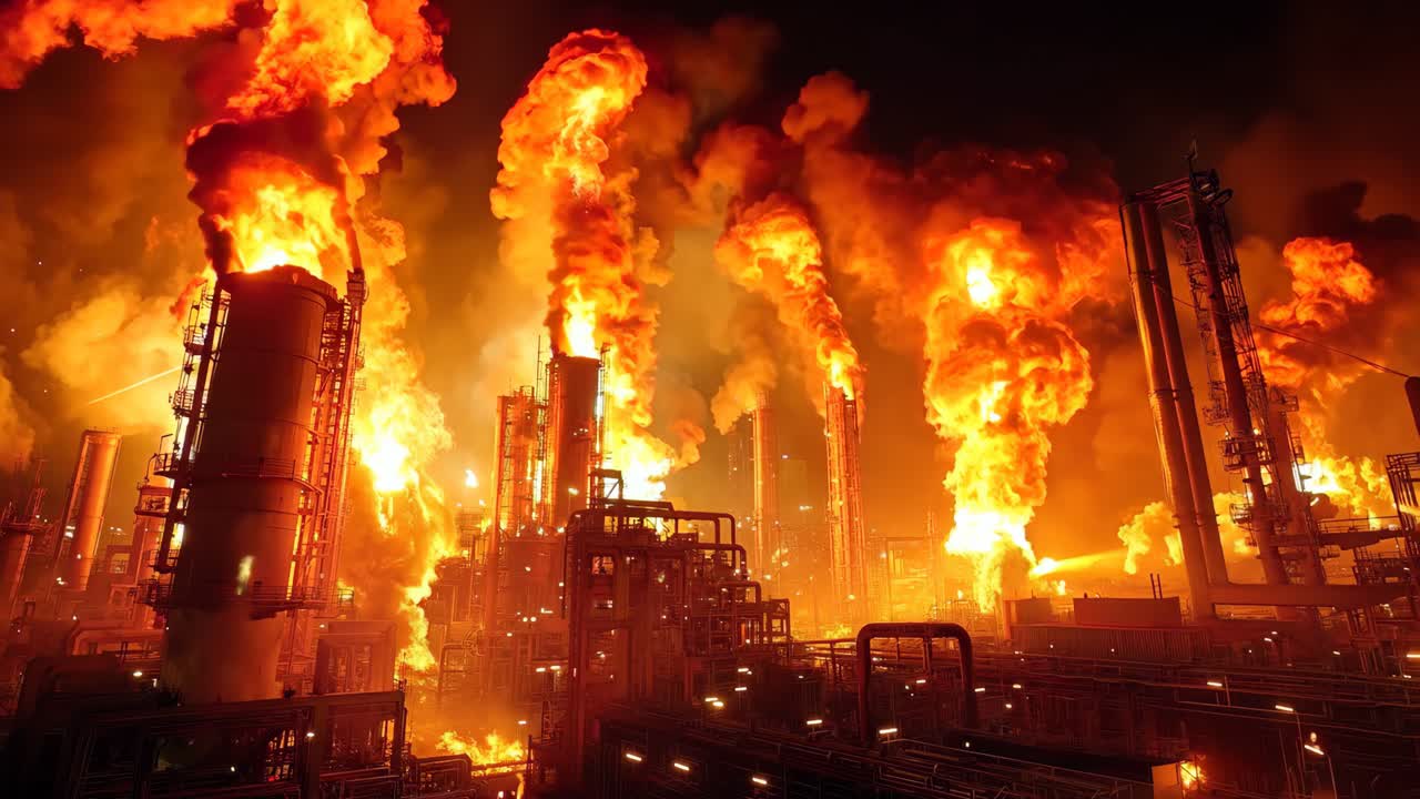 una gran planta industrial con muchas llamas saliendo de ella