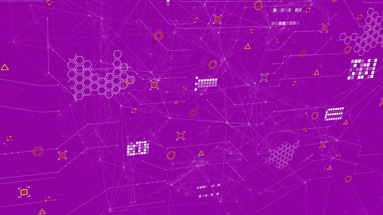 Animation of network of connections with icons on purple background