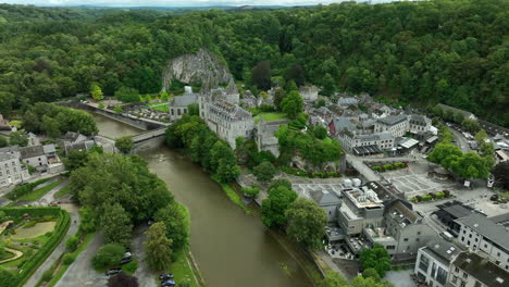 aerial arc shot above durbuy, one of the smallest cities in the world, belgium