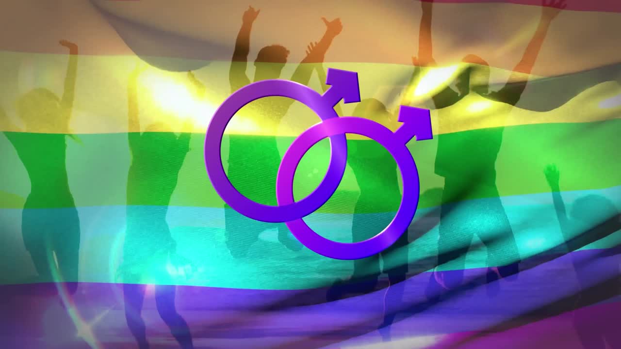 dos símbolos masculinos unidos y una bandera arco iris
