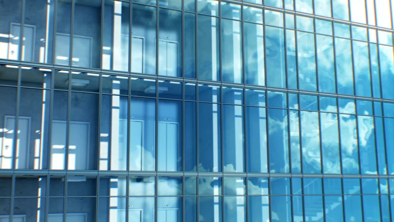 hermosa fachada de rascacielos abstracto que se mueve sin problemas con los reflejos del cielo. animación en bucle 3d del edificio del centro de negocios moderno.