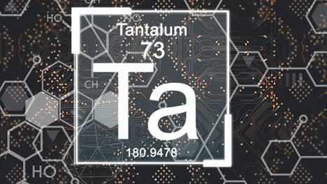 animation of elements and chemical formula over computer circuit board on black background