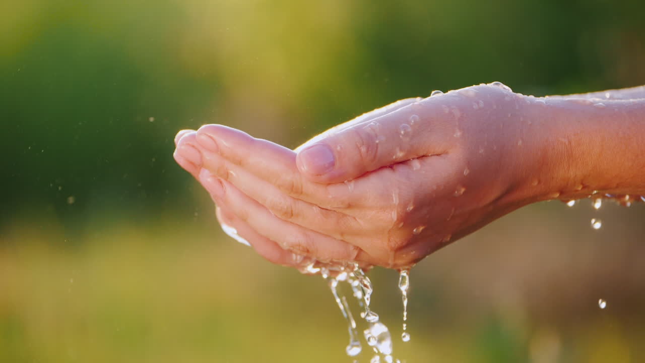 녹색 배경에 대해 물방울을 잡는 손