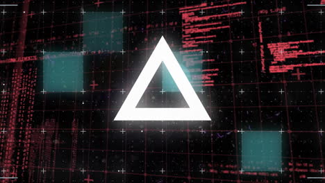 Animation of light trails and abstract triangular shape over data processing on black background