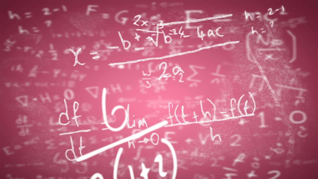 animación digital de ecuaciones matemáticas y símbolos flotando contra un fondo rosa