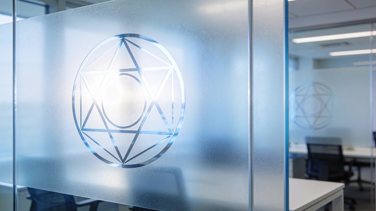 Shifting light crossing frosted glass panel with etched logo in office, revealing seam desks