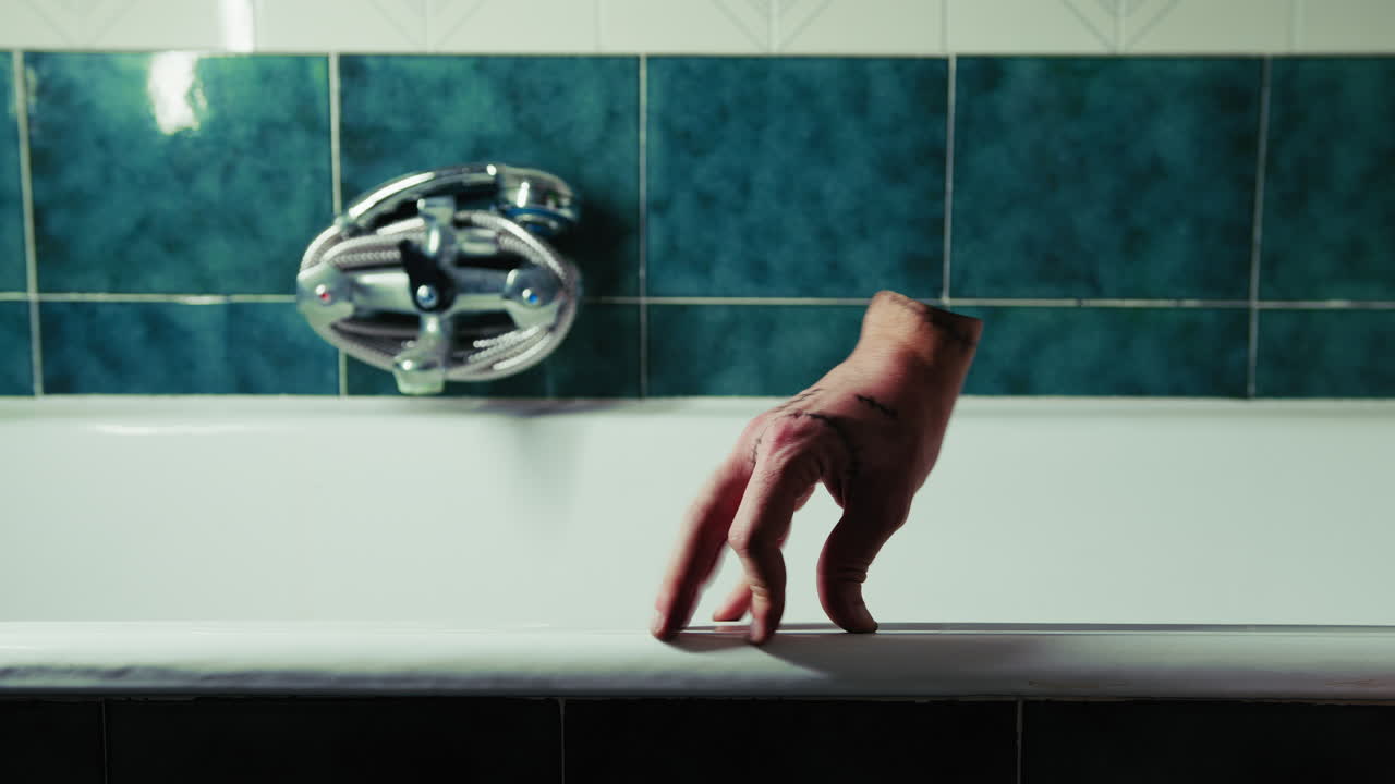 Horror Halloween Hand Walks On Bathtub In Bathroom